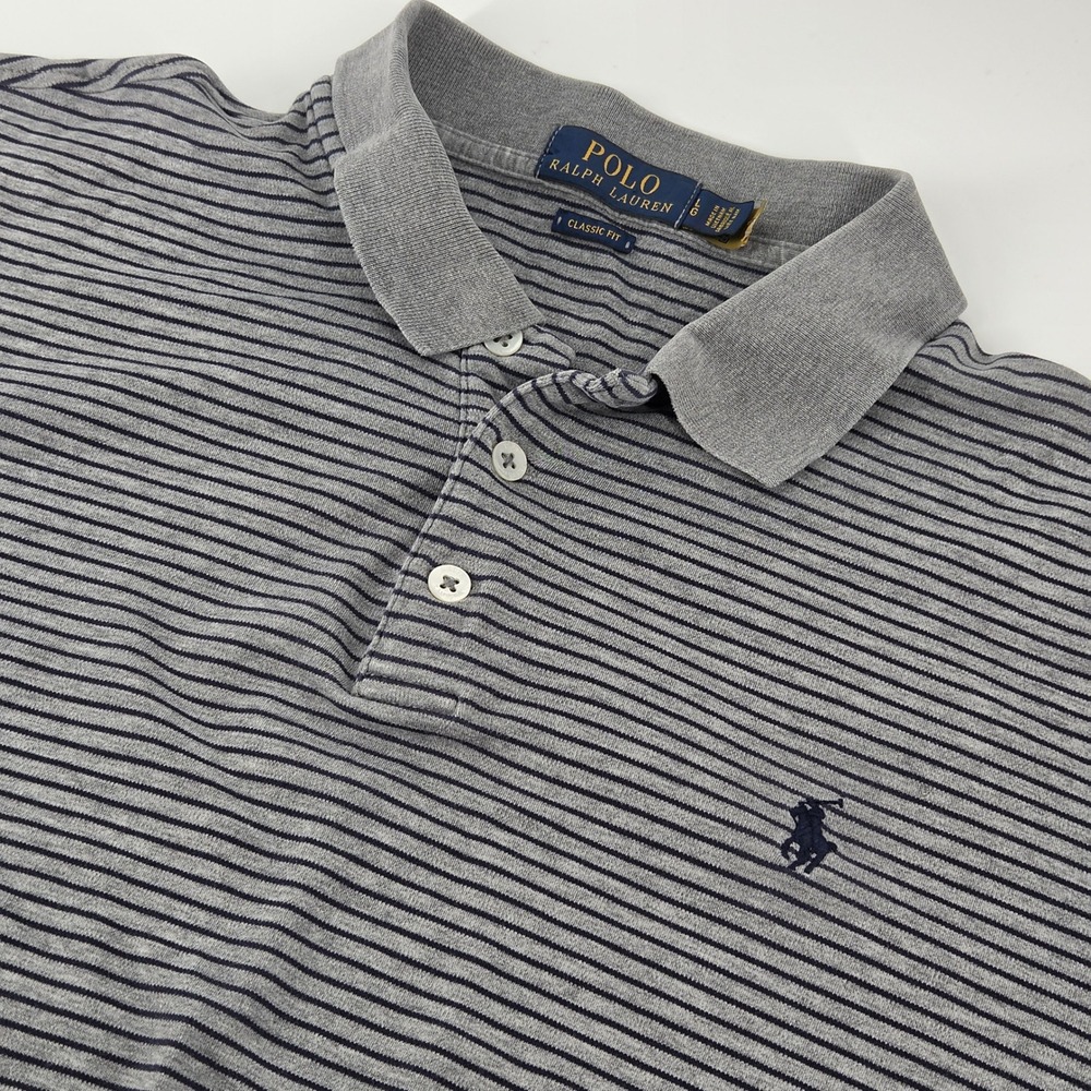 Polo Ralph Lauren Polo Shirt Mens L Grey Navy Blue Striped Classic Fit Jersey